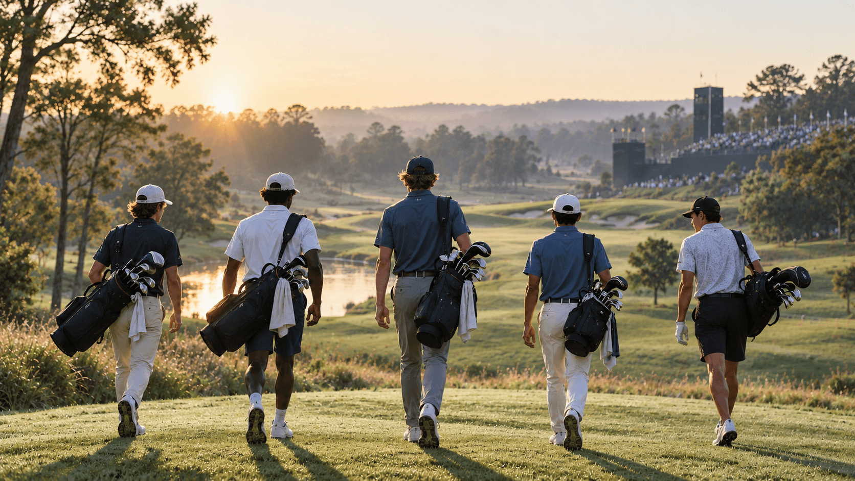 Vijf jonge golfers lopen bij zonsopkomst met hun golftassen naar een toernooibaan