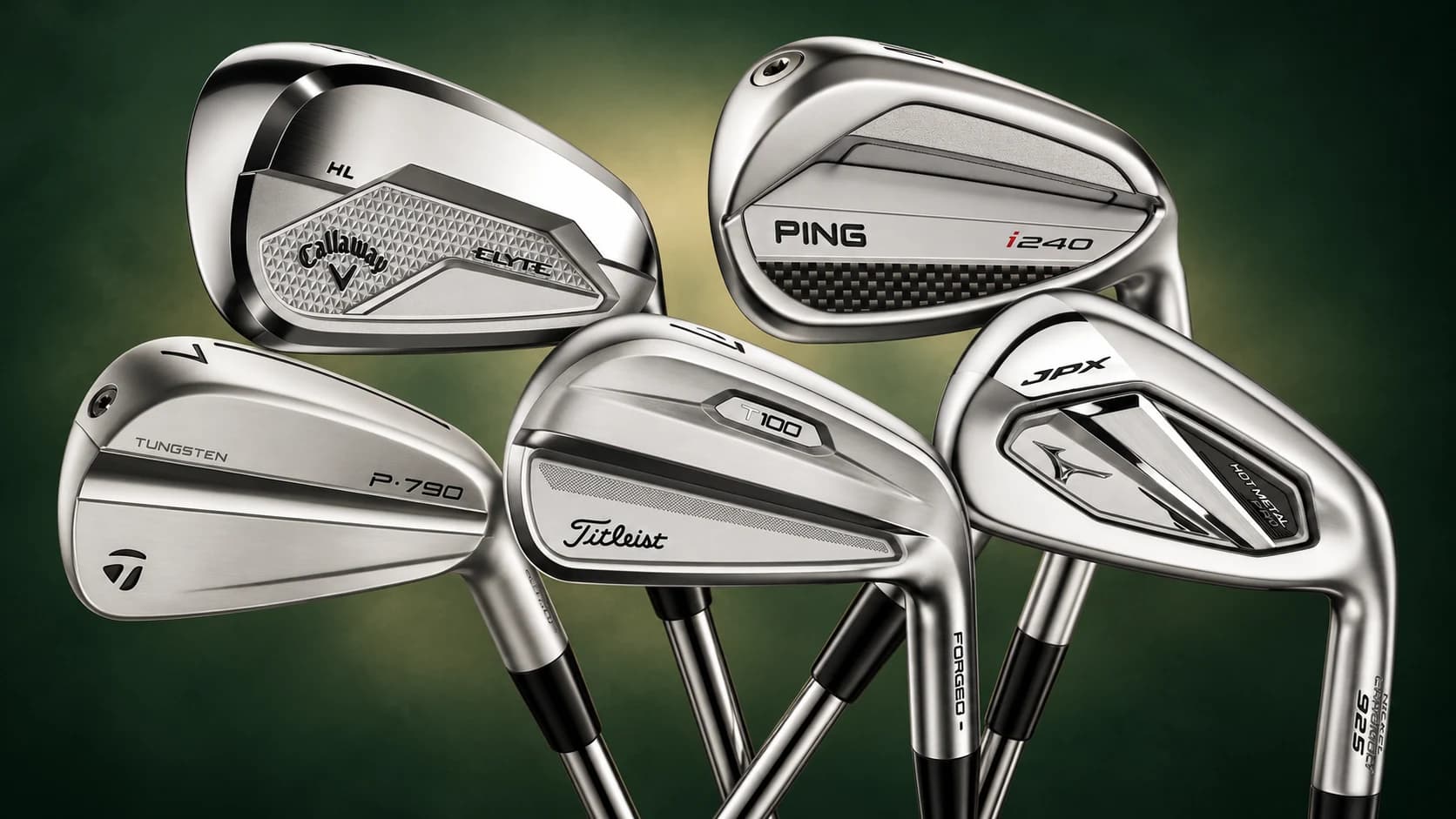 Five different iron club heads from Callaway, Ping, TaylorMade, Titleist and Mizuno arranged together