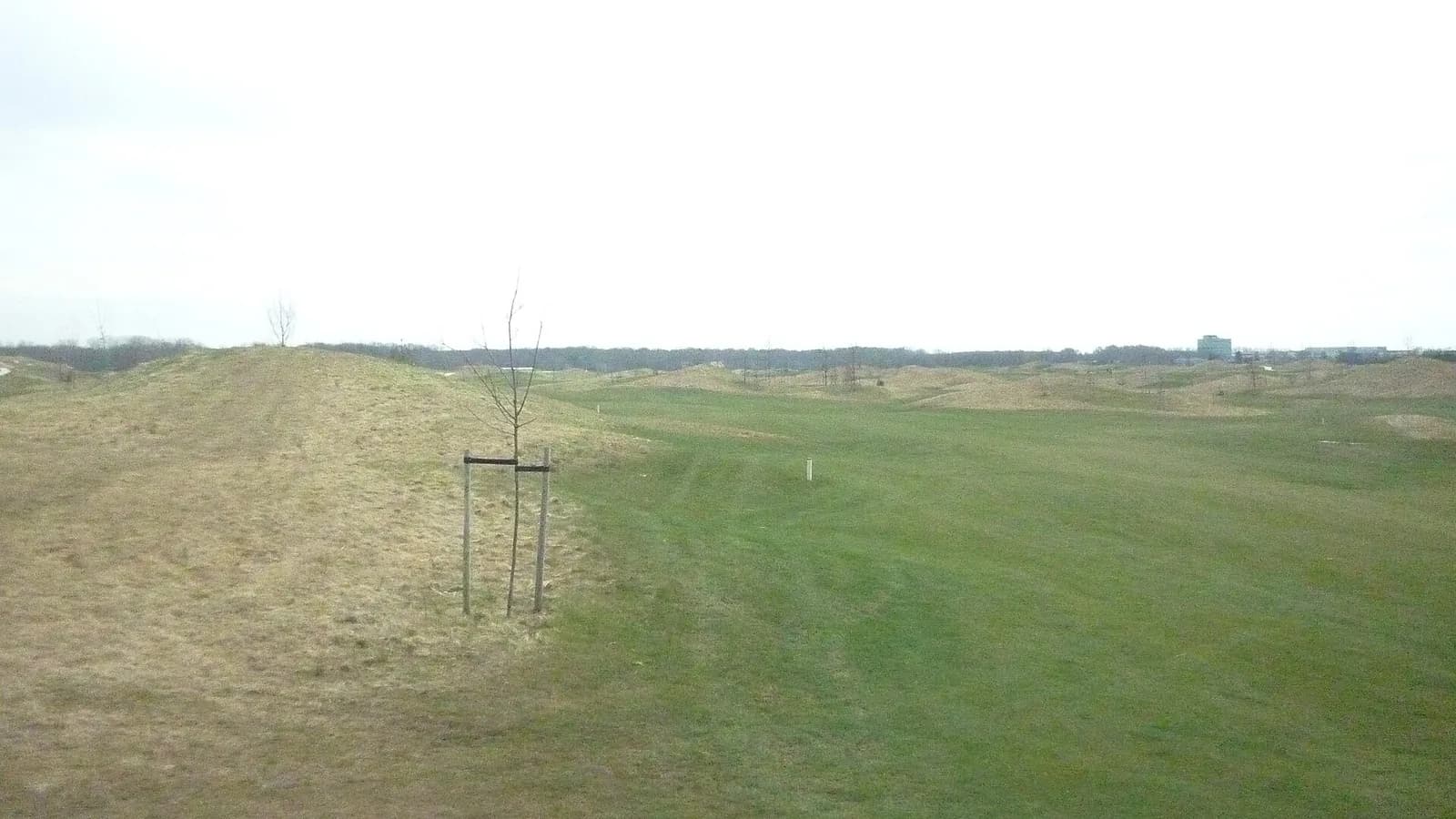Grasheuvels en een brede fairway op The International bij Badhoevedorp, kort na de opening van de baan